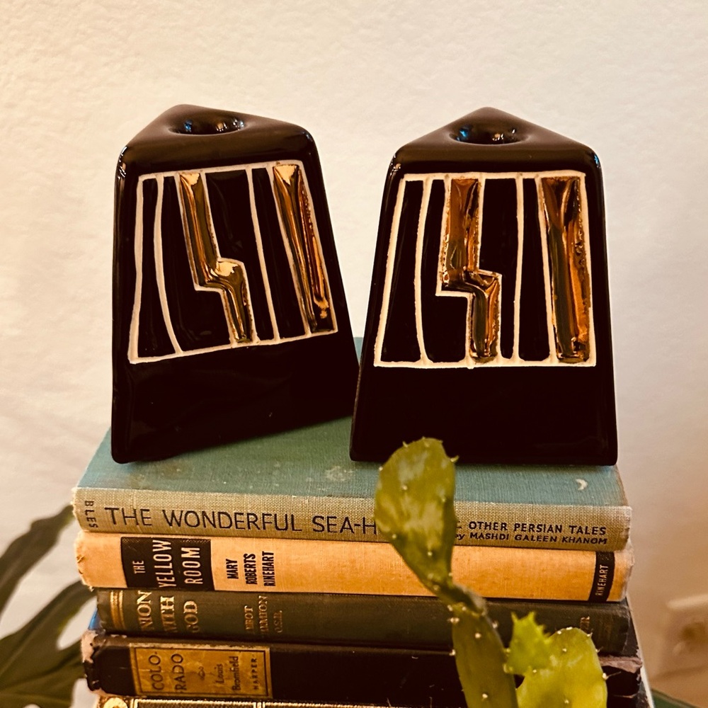 Vintage Mid-Century Modern Black and Gold Candlestick Holders